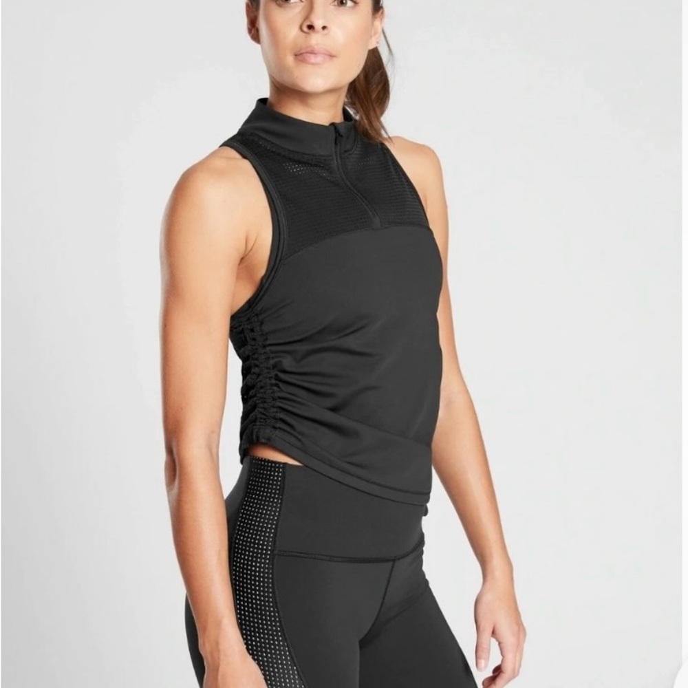 Athleta Black High-Neck Sleeveless Top with side crunch. Racer back